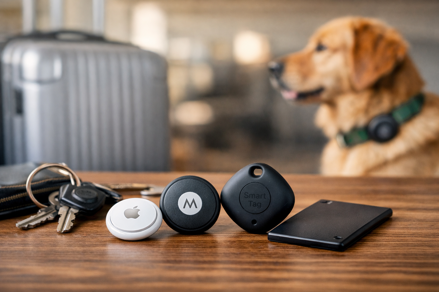 Bluetooth lokátory AirTag, Moto Tag a SmartTag na stole vedľa kľúčov, kufra a psa s trackerom na obojku