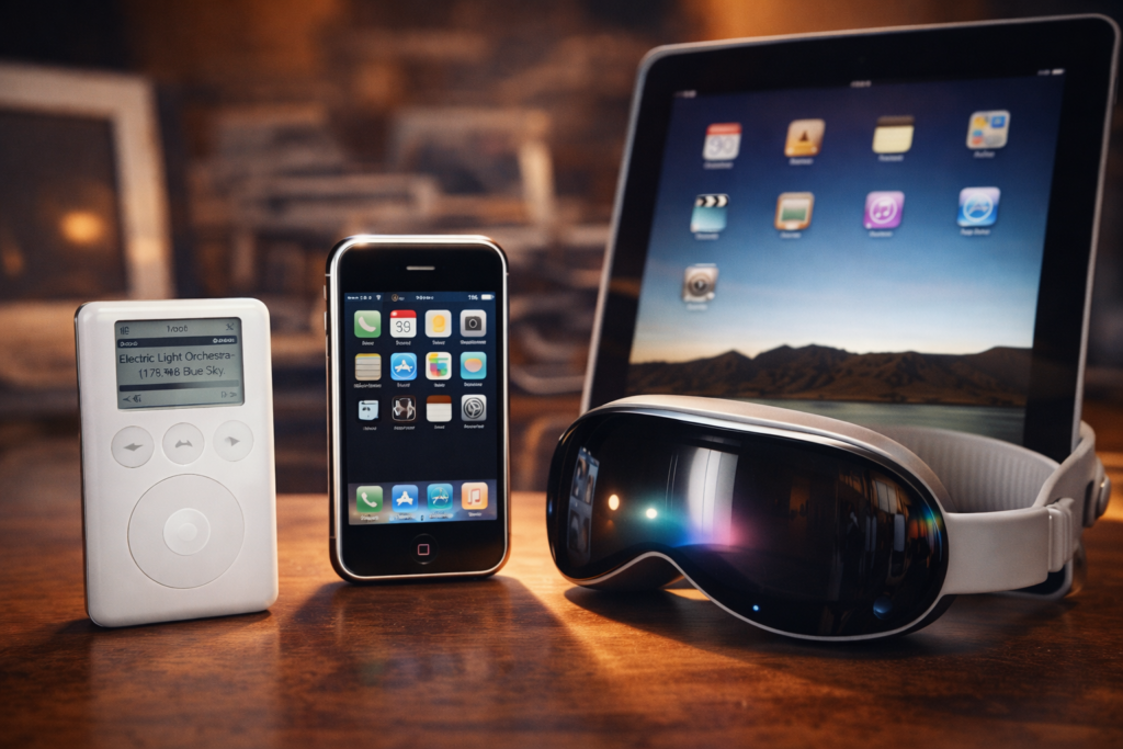 ikoničné produkty Apple z rôznych ér – iPod, prvý iPhone, iPad a headset Apple Vision Pro