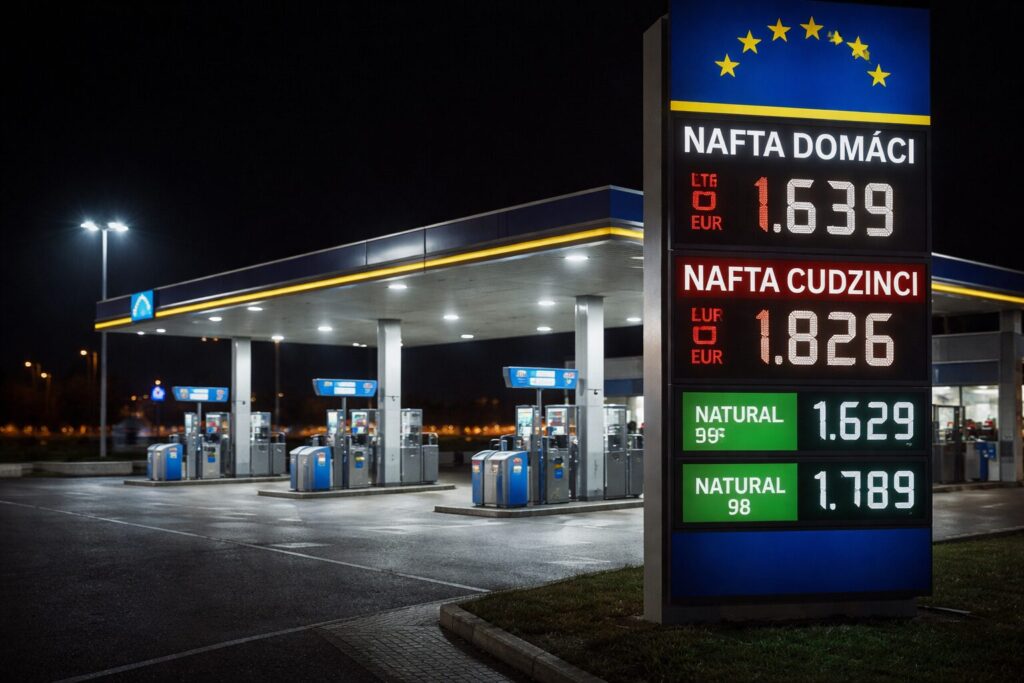 „Nočná čerpacia stanica na Slovensku s digitálnou tabuľou cien palív a rozdielnymi cenami pre domácich a zahraničných vodičov“