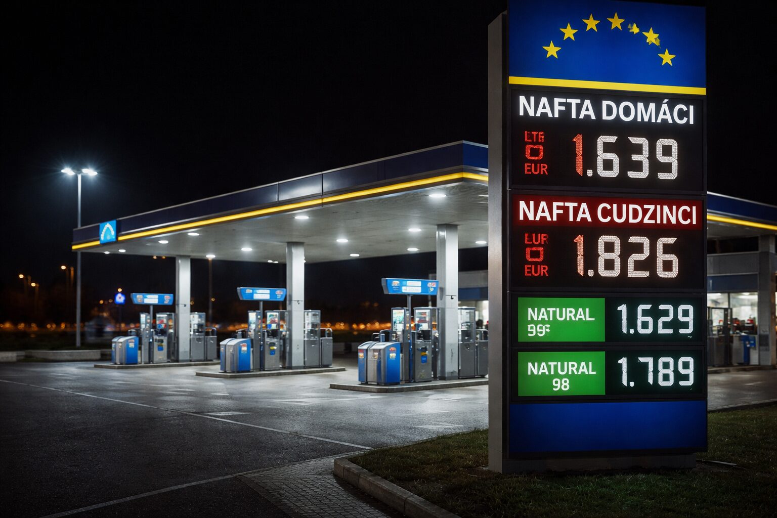 „Nočná čerpacia stanica na Slovensku s digitálnou tabuľou cien palív a rozdielnymi cenami pre domácich a zahraničných vodičov“