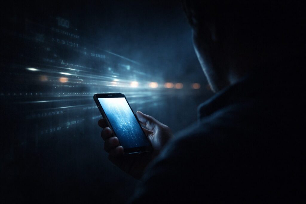 Osoba drží smartfón v tmavom prostredí, displej svieti modrým svetlom a v pozadí sú abstraktné digitálne dáta