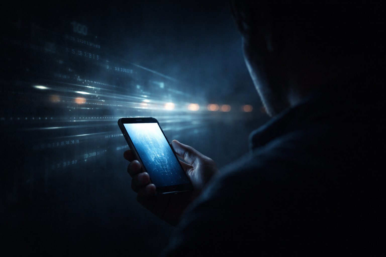 Osoba drží smartfón v tmavom prostredí, displej svieti modrým svetlom a v pozadí sú abstraktné digitálne dáta