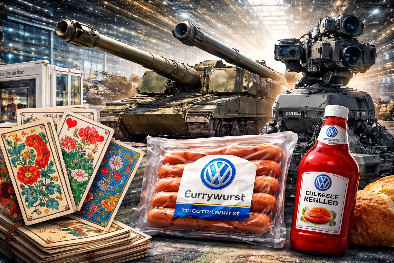 Koláž zobrazujúca vojenskú techniku, klobásy a historické karty ako symbol nečakaných produktov veľkých firiem