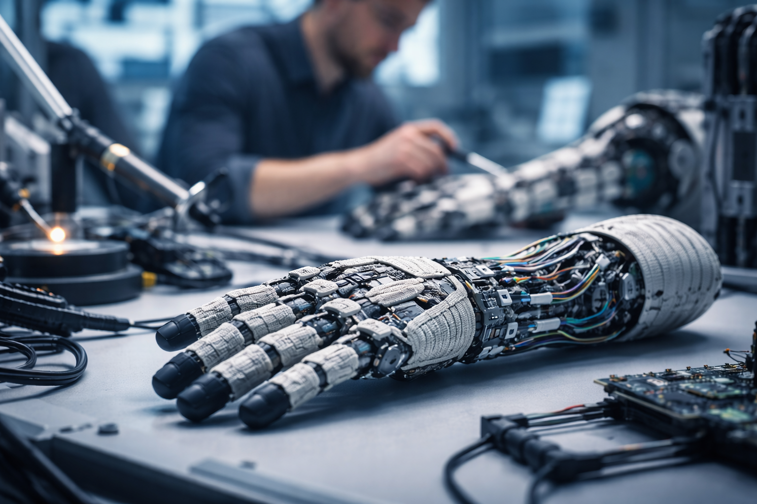 Detail modernej robotickej ruky vyvíjanej v laboratóriu robotiky a umelej inteligencie