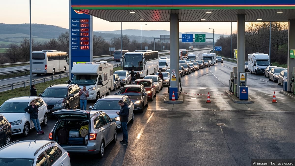 Dlhé kolóny áut na čerpacej stanici počas palivovej krízy v Európe