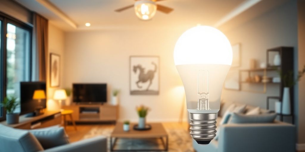 Energeticky úsporná LED žiarovka svietiaca v modernom interiéri domácnosti