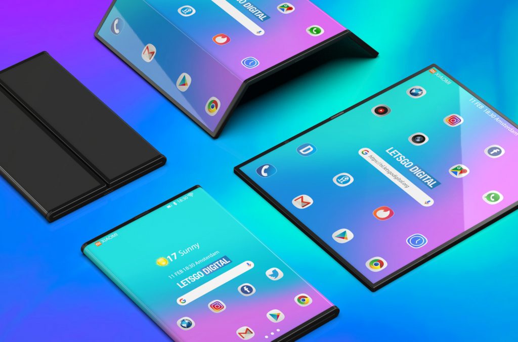 Futuristický skladací smartfón typu quad-fold rozkladajúci sa do tvaru tabletu v štýle origami