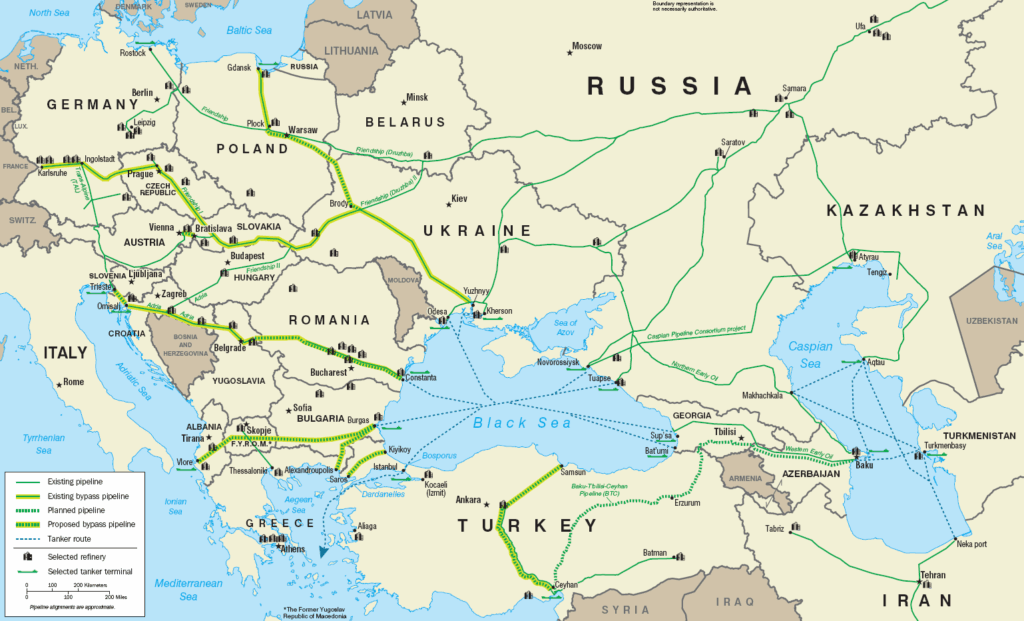 Mapa ropovodov a energetických trás ovplyvnených konfliktom