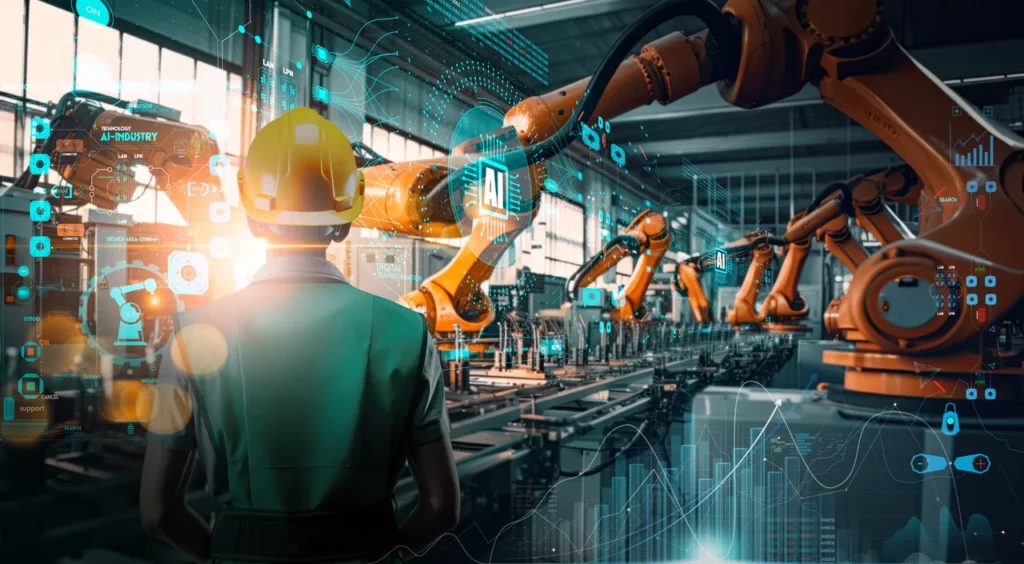 Moderná výrobná linka s robotickými ramenami v technologickom závode