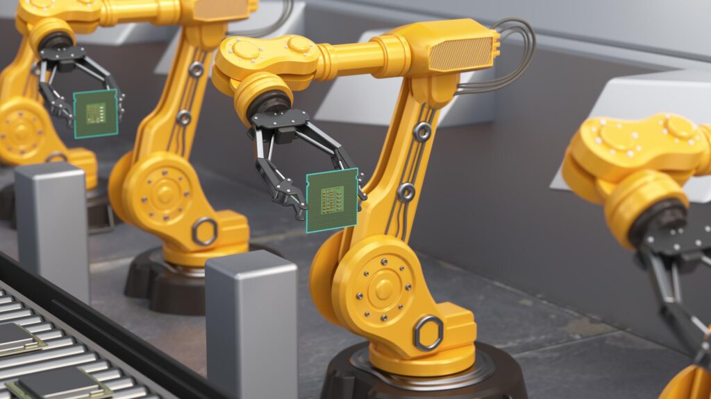 Priemyselné robotické rameno pracujúce pri presnej výrobe elektroniky