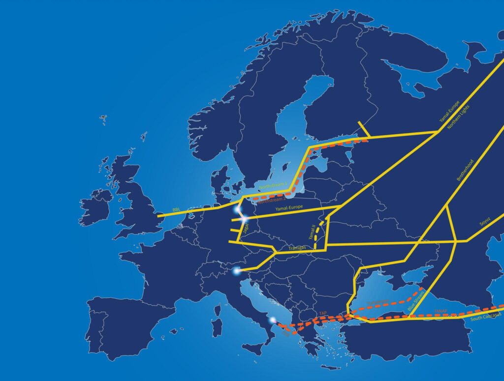 Európska energetická infraštruktúra vrátane plynovodov a LNG terminálov, ktoré sú citlivé na výkyvy dodávok z Blízkeho východu. Zdroj: ilustračná fotografia / energetická mapa Európy (Wikimedia Commons / European energy infrastructure)