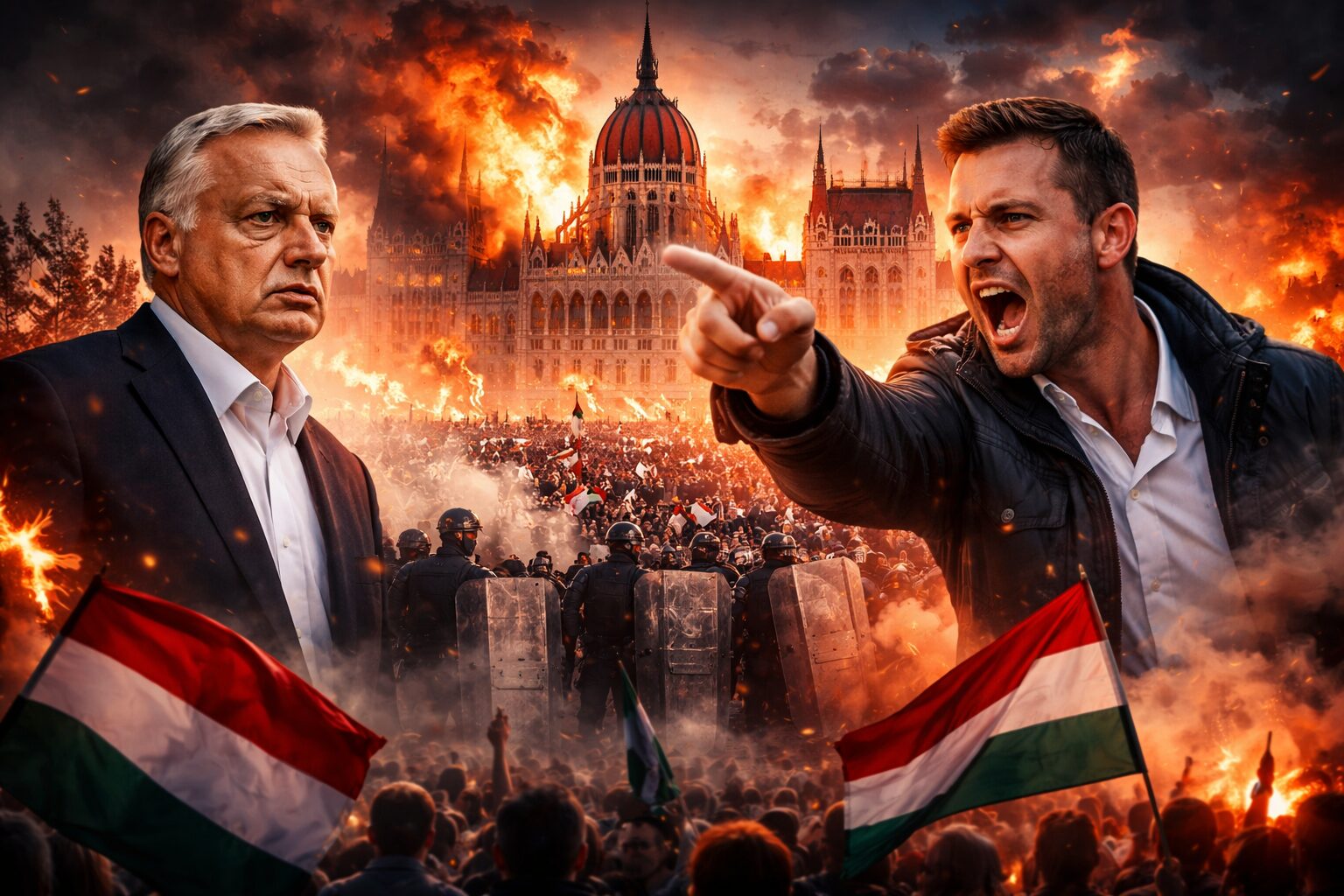 Dramatická scéna z Budapešti: pred parlamentom horí oheň, tisíce protestujúcich s maďarskými vlajkami čelia polícii v plnej výstroji, zatiaľ čo v popredí stoja oproti sebe Viktor Orbán a Péter Magyar v napätej konfrontácii.