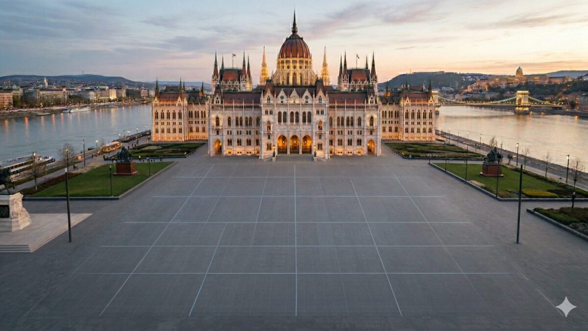 „Pohľad na budovu maďarského parlamentu v Budapešti počas súmraku pred prázdnym námestím Kossuth Lajos.“