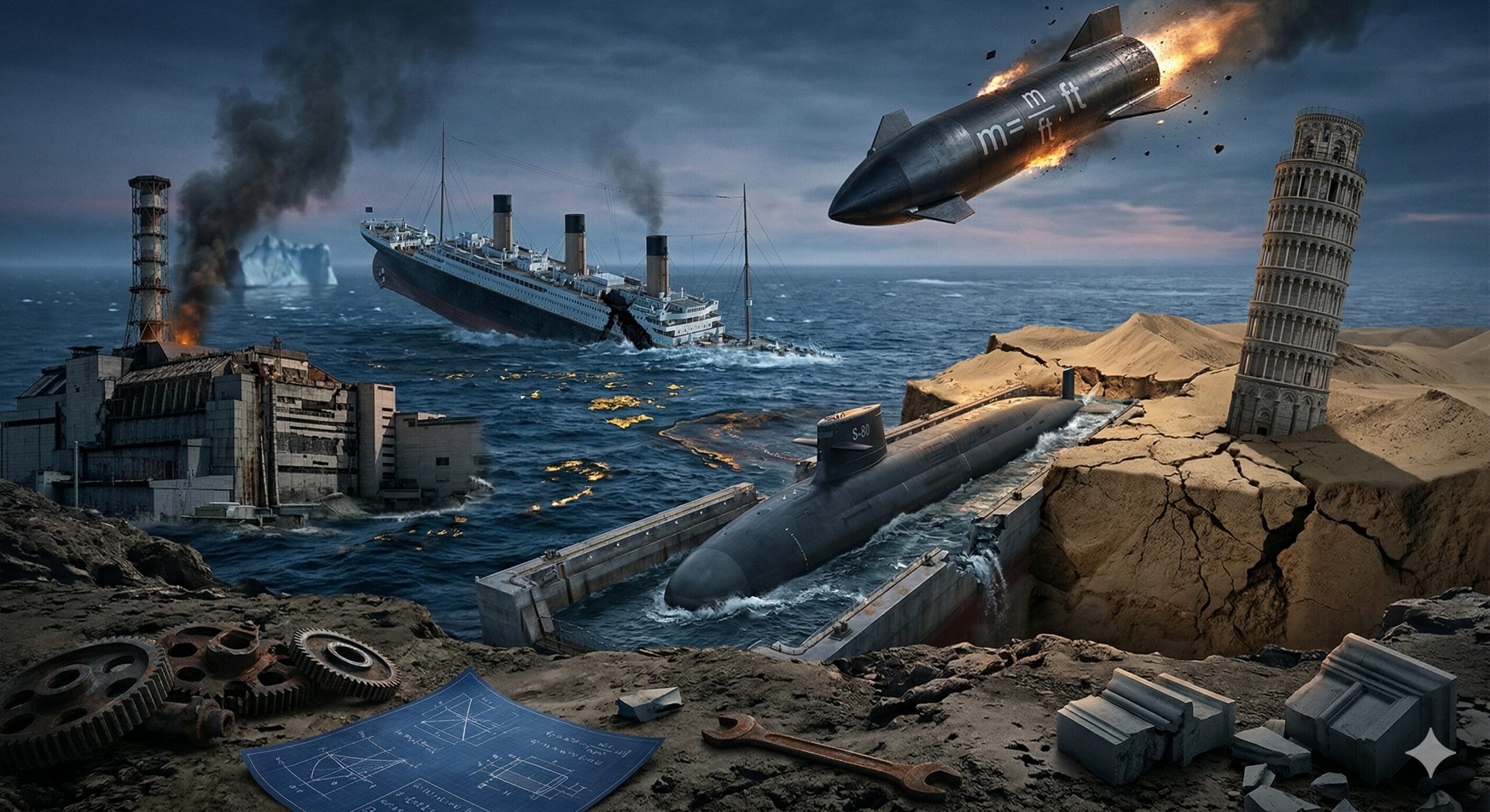Koláž najväčších historických a inžinierskych katastrof: potápajúci sa Titanic, výbuch v Černobyle, havarovaná vesmírna sonda a ponorka v prístave, symbolizujúce drahé chyby ľudstva.