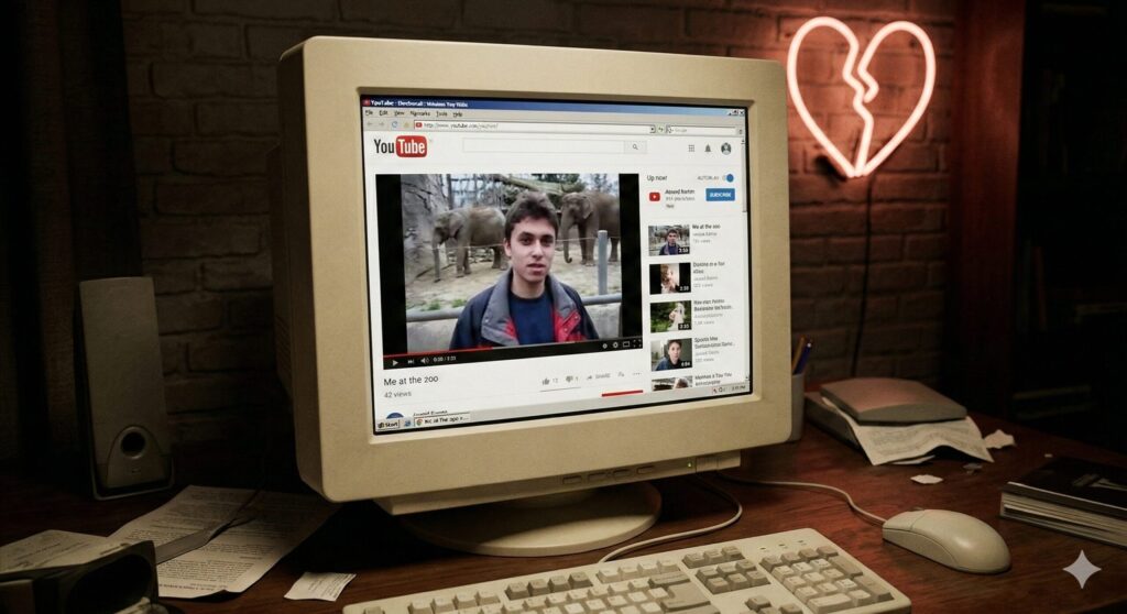 Štylizovaný záber na historický monitor, ktorý zobrazuje prvé video YouTube "Me at the zoo" v roku 2005.