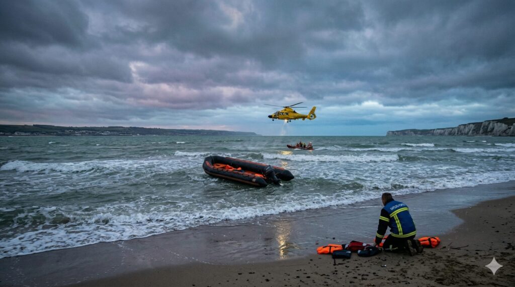 Dramatický záber na záchrannú operáciu v Lamanšskom prielive s prázdnym nafukovacím člnom na brehu a helikoptérou nad rozbúreným morom.