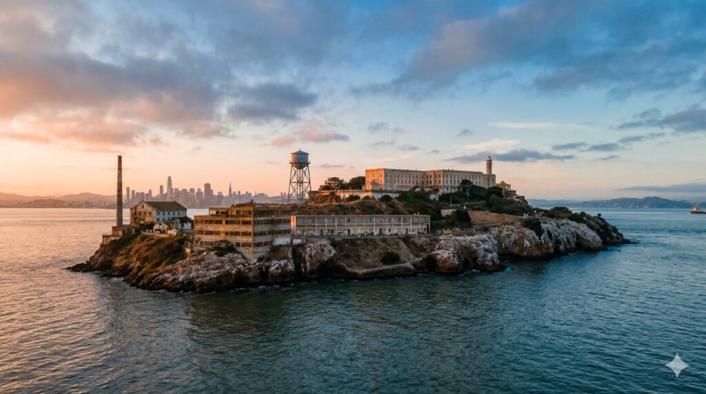 etecký pohľad na ostrov Alcatraz v Sanfranciskom zálive počas východu slnka.