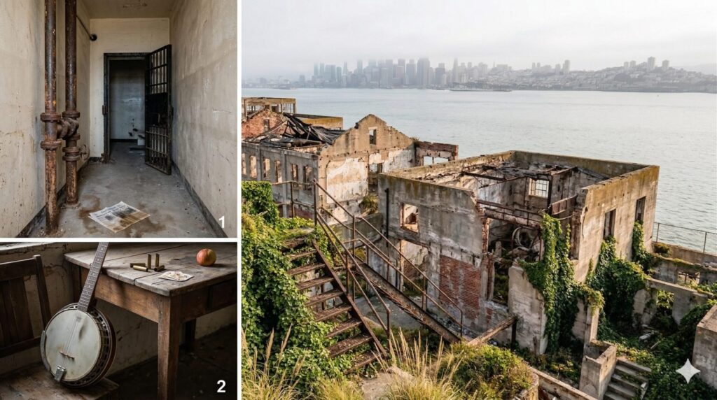 Rozpadnuté úžitkové budovy na ostrove Alcatraz, ukazujúce dezolátny stav a koróziu.