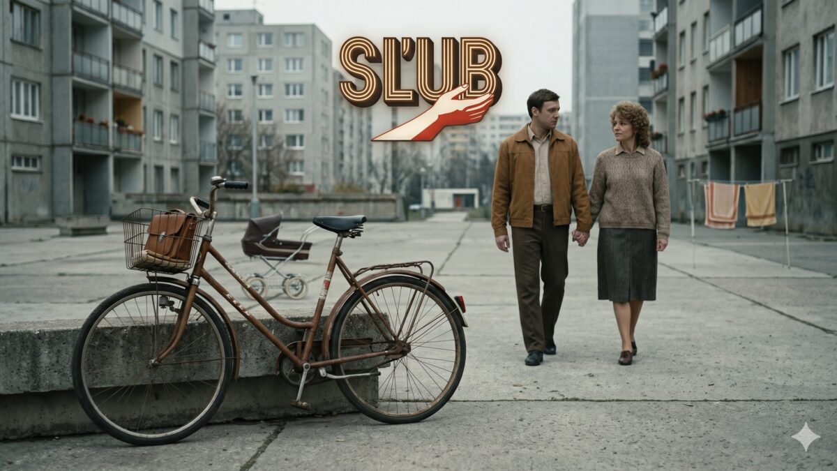 dobový bicykel a historický detail z pľacu v Bratislave, s logom seriálu v obraze.