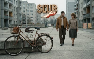 dobový bicykel a historický detail z pľacu v Bratislave, s logom seriálu v obraze.