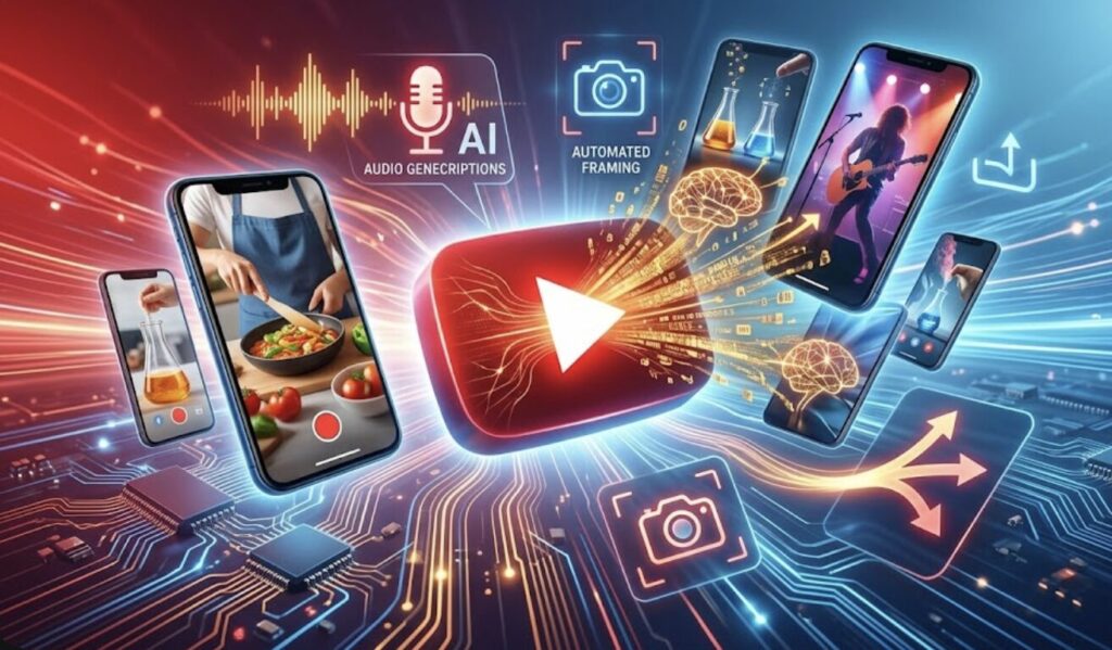 Dynamická koláž mobilného telefónu zobrazujúceho vertikálne Shorts videá a abstraktného loga YouTube s prepojenými ikonami AI.